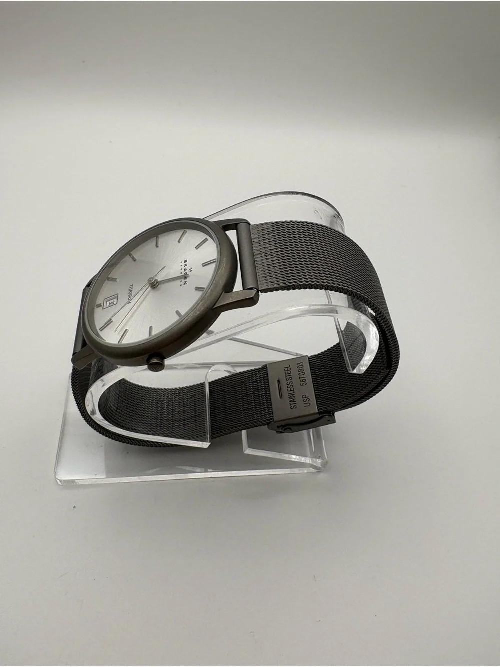 Skagen Titanium 170LTTM Watch Gray Stainless Steel Mesh Band Light Date Dial